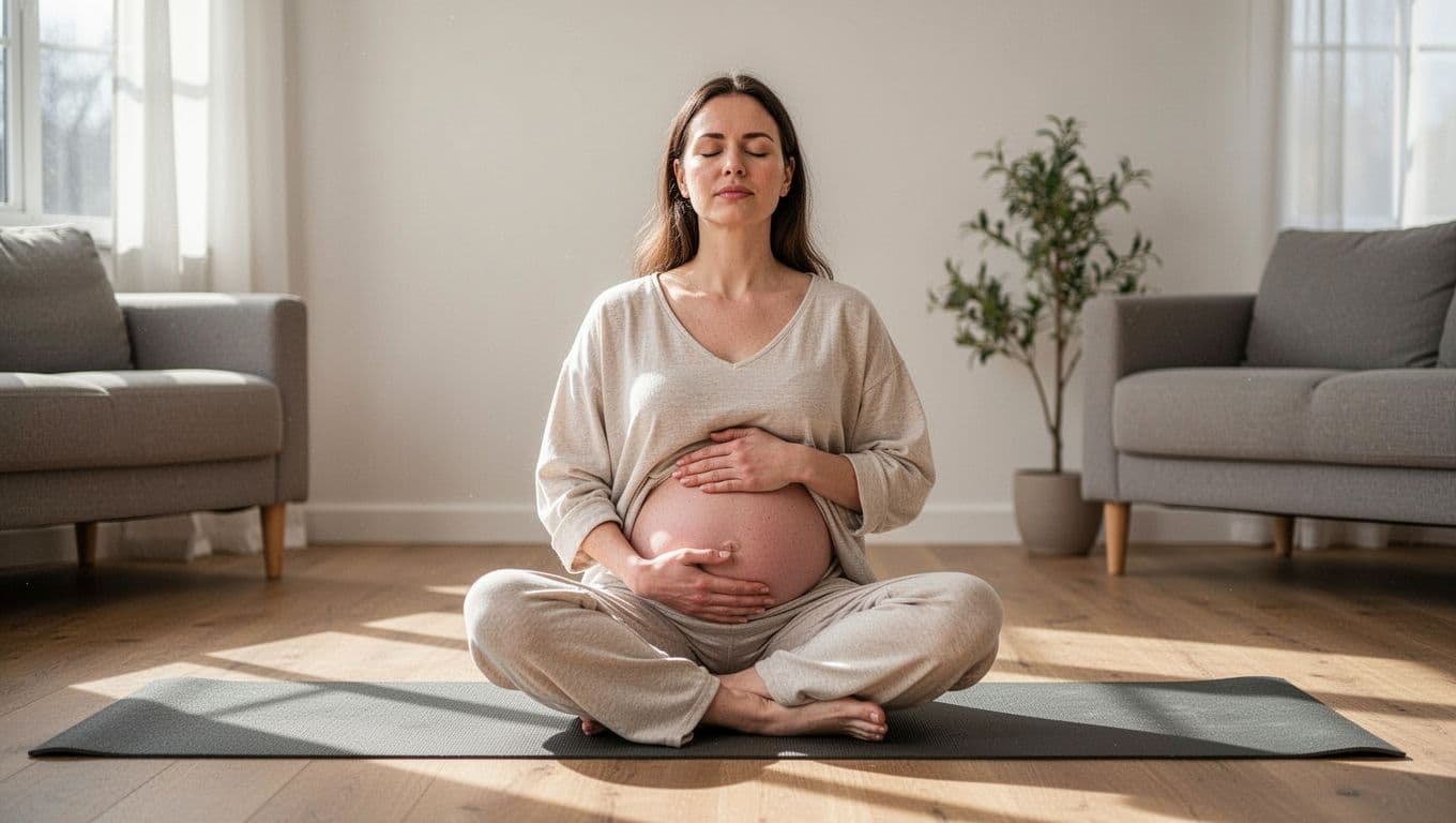 A relaxed woman in loose clothes sits upright on a yoga mat in a bright living room, hands on her belly during deep diaphragmatic breathing with belly expanded on inhale and eyes closed.