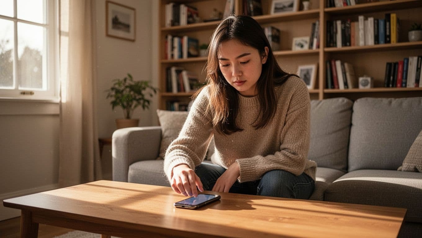 A young woman alone in a cozy living room discreetly examines a man's smartphone on the coffee table with a focused expression, illuminated by soft afternoon light.