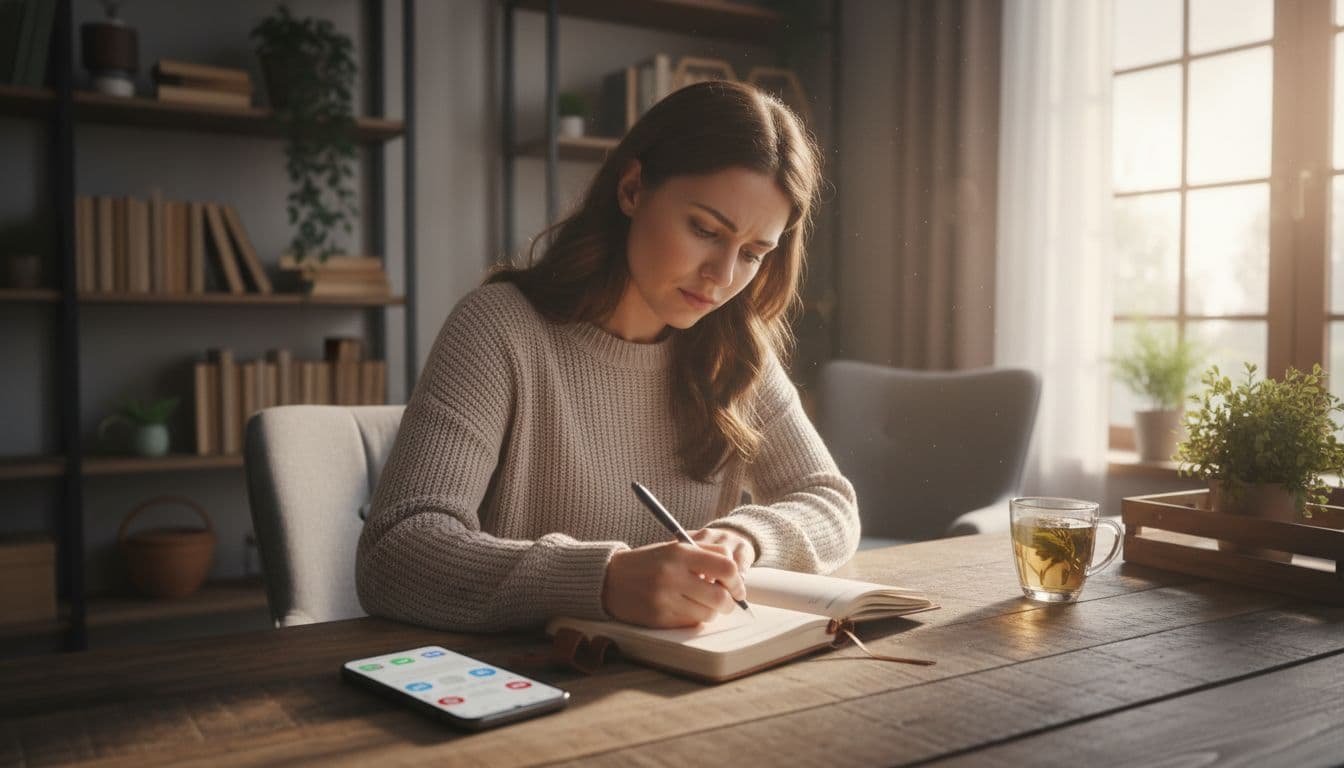 A woman calmly writing in a journal at a desk with a phone nearby showing ignored messages, focused expression protecting her peace in a cozy home office setting with soft natural light.