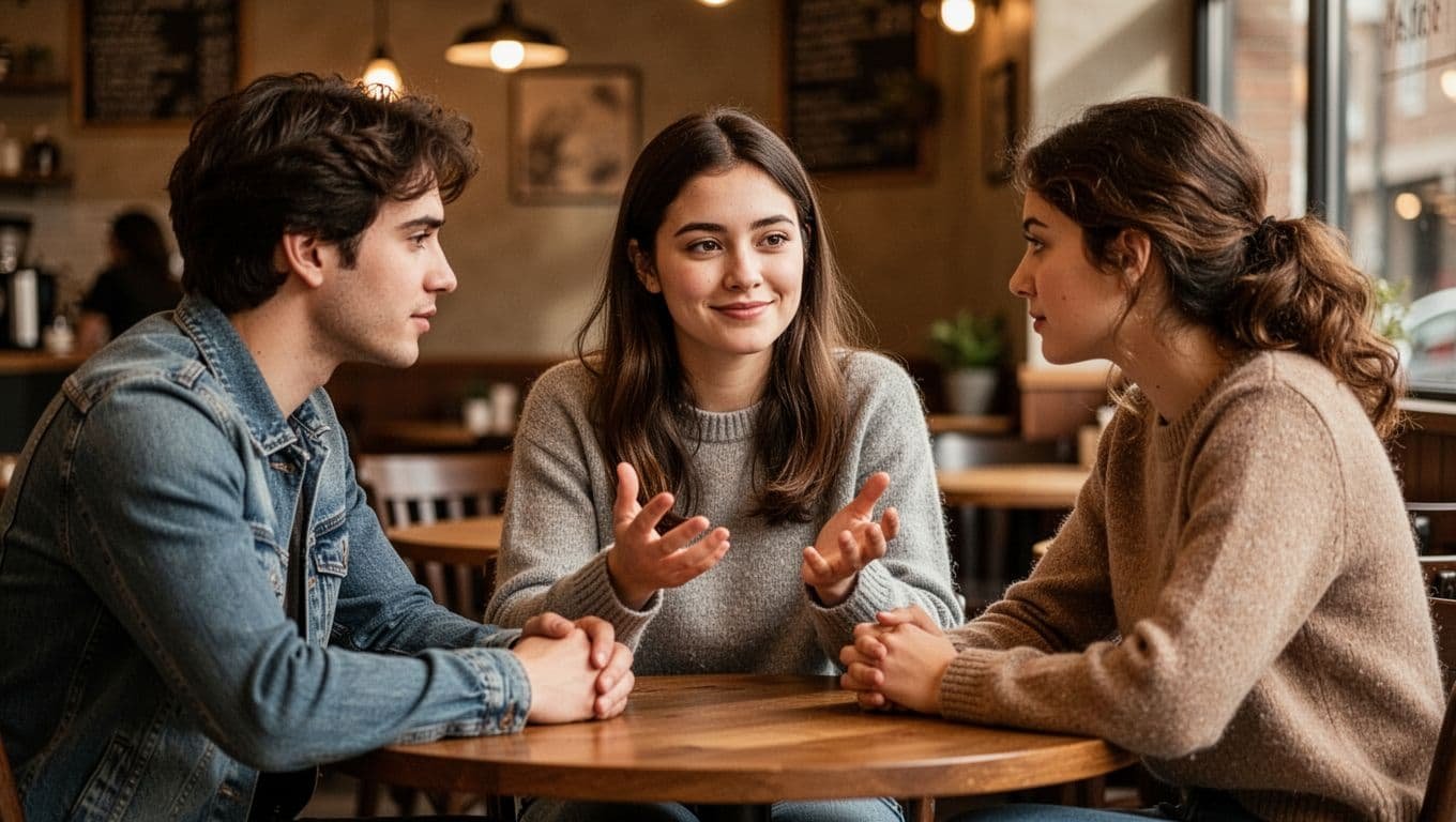 A young woman sits smiling but uncomfortably at a cozy cafe table with two attentive friends, gesturing vaguely while discussing her relationship and concealing her true emotions.