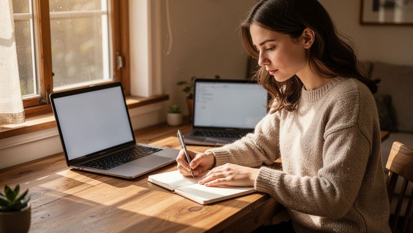 A focused young woman sits at a wooden desk in a cozy home office, jotting notes in a simple planner marking daily routines and times, with a laptop nearby and warm afternoon light from the window.