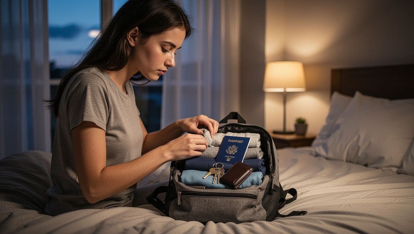 A determined young woman in a softly lit bedroom at dusk discreetly packs a small backpack with essentials like folded clothes, passport, keys, and wallet, shown in side profile with focus and resolve.