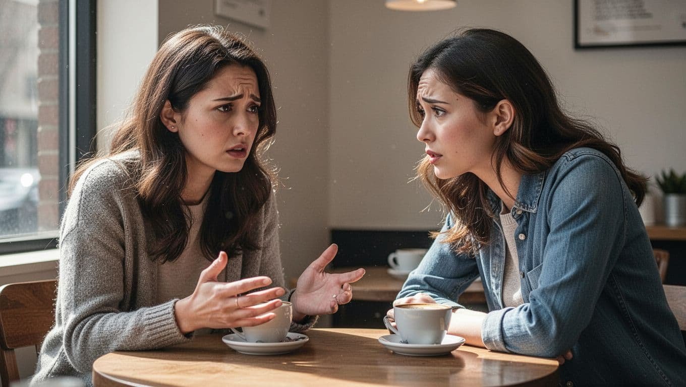 Two friends at a coffee shop table in soft natural light; one woman with a sad expression gestures dramatically as the victim, while the other looks concerned and empathetic. Simple background with exactly two people in realistic style.