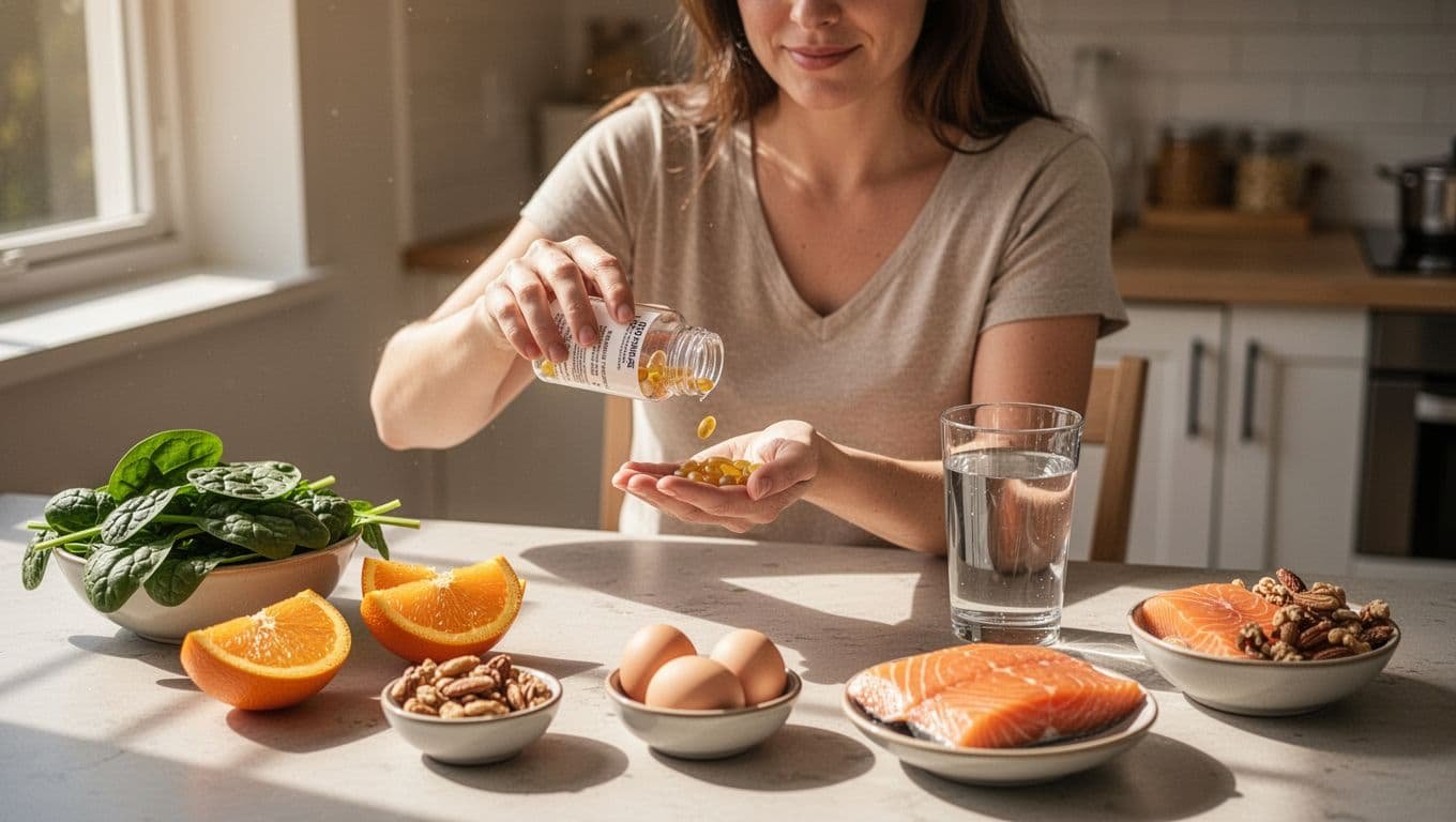 A woman in her early 30s sits at a sunlit kitchen table pouring prenatal vitamins from a bottle into her palm, holding a glass of water, surrounded by fresh nutrient-rich foods like spinach, oranges, eggs, salmon, and nuts in a relaxed daily routine.