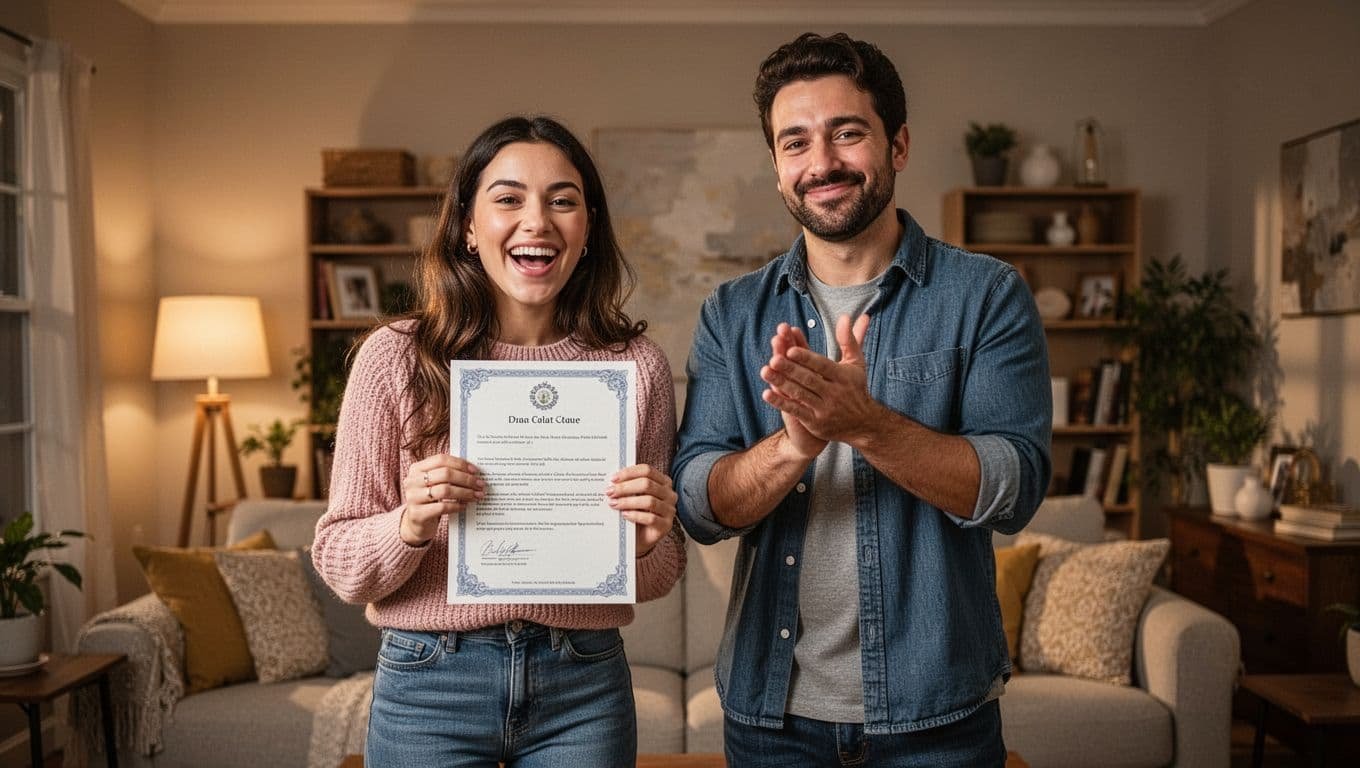 A mid-20s woman excitedly smiles while holding her promotion certificate in a cozy living room with warm light, as a supportive man beside her claps with genuine joy and gives a thumbs-up gesture using relaxed hands. Realistic photo featuring exactly two people, no text or logos.