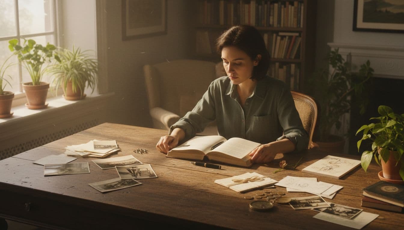 A person sits thoughtfully at a wooden desk with an open journal, scattered old photos, letters, and mementos in a cozy room bathed in warm afternoon light.