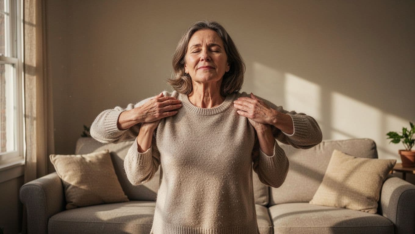 Middle-aged woman in cozy living room shrugs off invisible heavy backpack from shoulders, looking relieved.