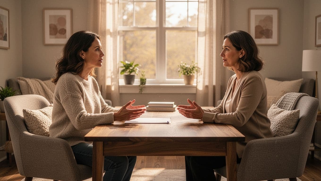 A woman in a comfortable therapy session talking to a counselor across a desk with warm office lighting, empathetic expressions, and a natural conversation pose focusing on support.