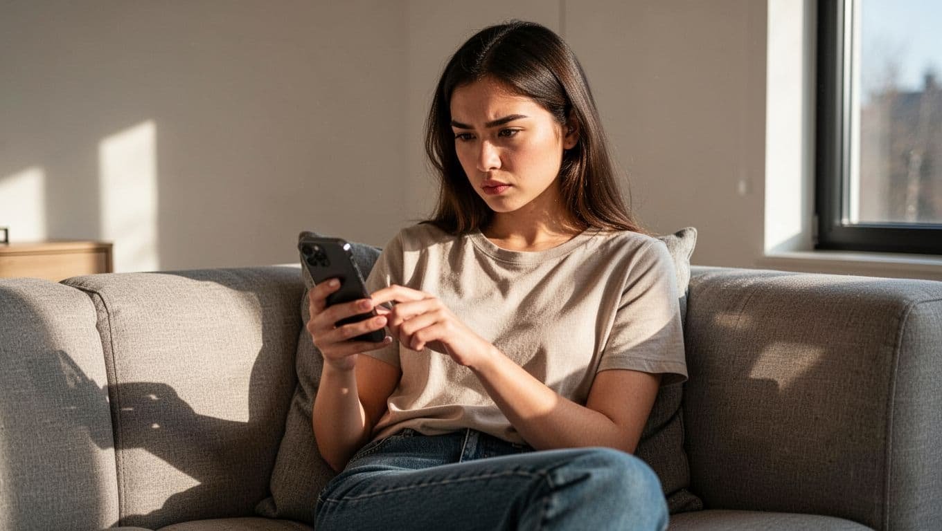 A young adult woman sits on a couch in a modern living room, holding a smartphone in both hands and typing a clear firm breakup message with a focused and determined expression. Soft natural afternoon light from the window illuminates the realistic photography-style scene with no distractions.