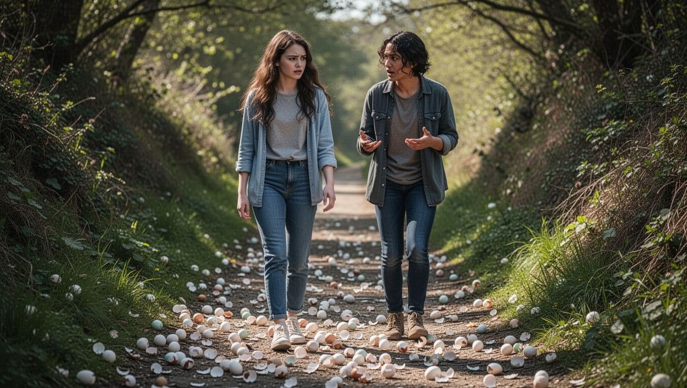 A young woman walks carefully on eggshells scattered on a path between two friends chatting, symbolizing caution in conversation. Realistic style with natural daylight, focus on her tense expression and fragile ground, exactly two people.
