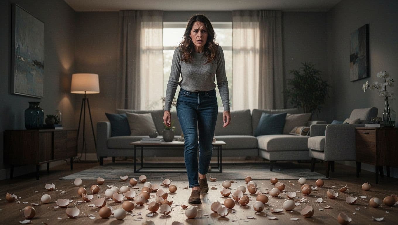 A single woman with an anxious expression walks cautiously on a floor covered in fragile eggshells in a dimly lit modern living room, illustrating the tension of navigating a toxic partnership.