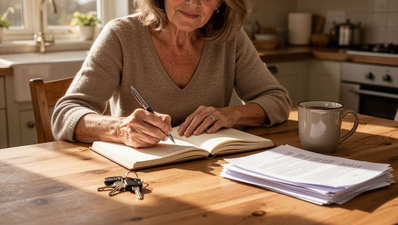 A middle-aged woman sits attentively at a sunlit kitchen table, writing in an open notebook with a pen, surrounded by essentials like keys, papers, and a coffee mug.