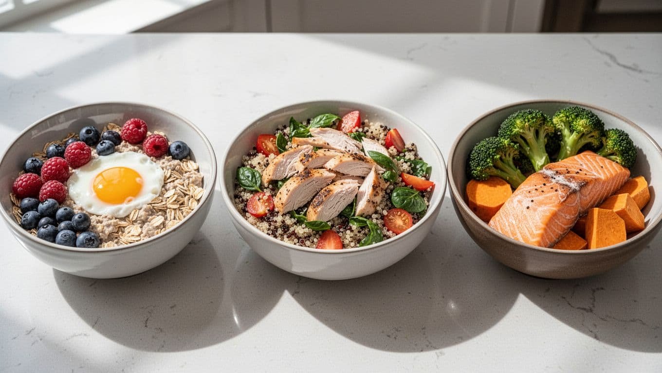 Three colorful sample meal bowls for women's muscle building day: breakfast oats with berries and eggs, lunch chicken salad with quinoa and veggies, dinner salmon with sweet potato and broccoli, arranged side by side on kitchen counter in bright natural lighting.