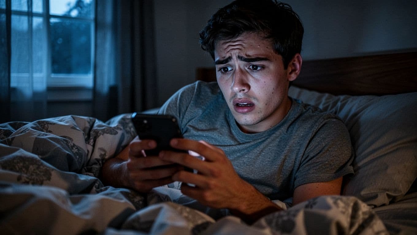 A young man in a dimly lit bedroom at night anxiously checks his phone repeatedly with a worried expression, surrounded by rumpled bedsheets and soft blue moonlight through the window.