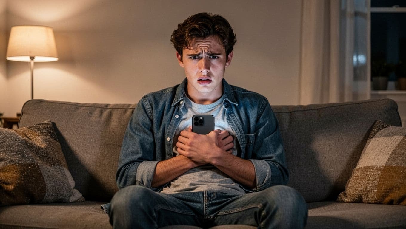 A young man in casual clothes sits tensely on a couch in a cozy living room at night, clutching his smartphone tightly against his chest with a worried expression, screen hidden from view under soft lamp light.