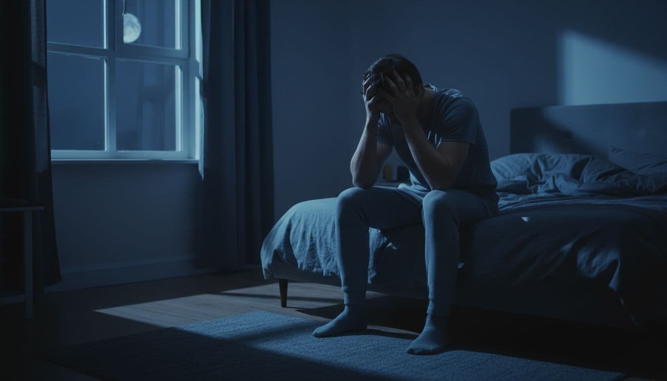A young adult sits on the edge of a bed in a dimly lit bedroom late at night, head in hands with an exhausted worried expression due to breakup overthinking turning into anxiety.