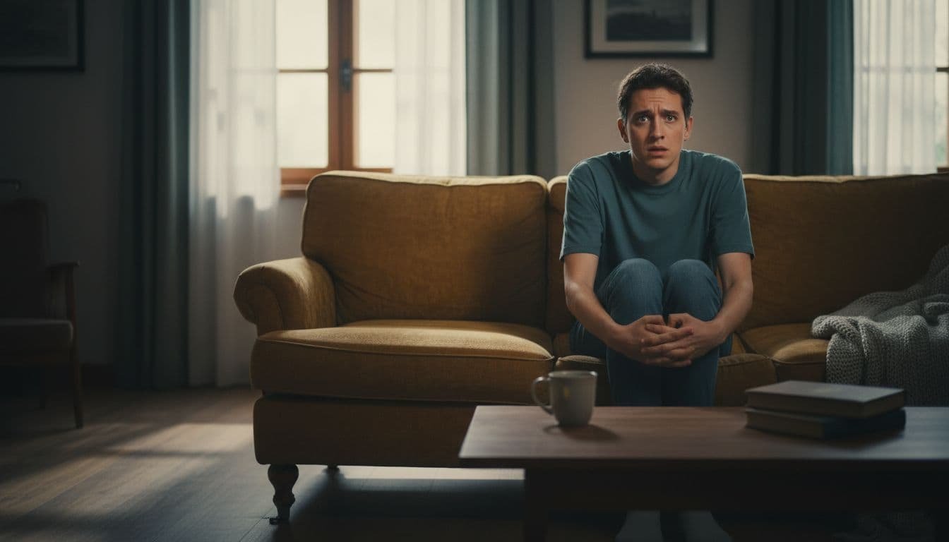 A young adult sits frozen on a couch in a quiet living room, expression of confusion and anxiety with wide eyes and tense shoulders, hands gripping knees. Dim natural light filtering through window in realistic photography style with warm subdued tones.