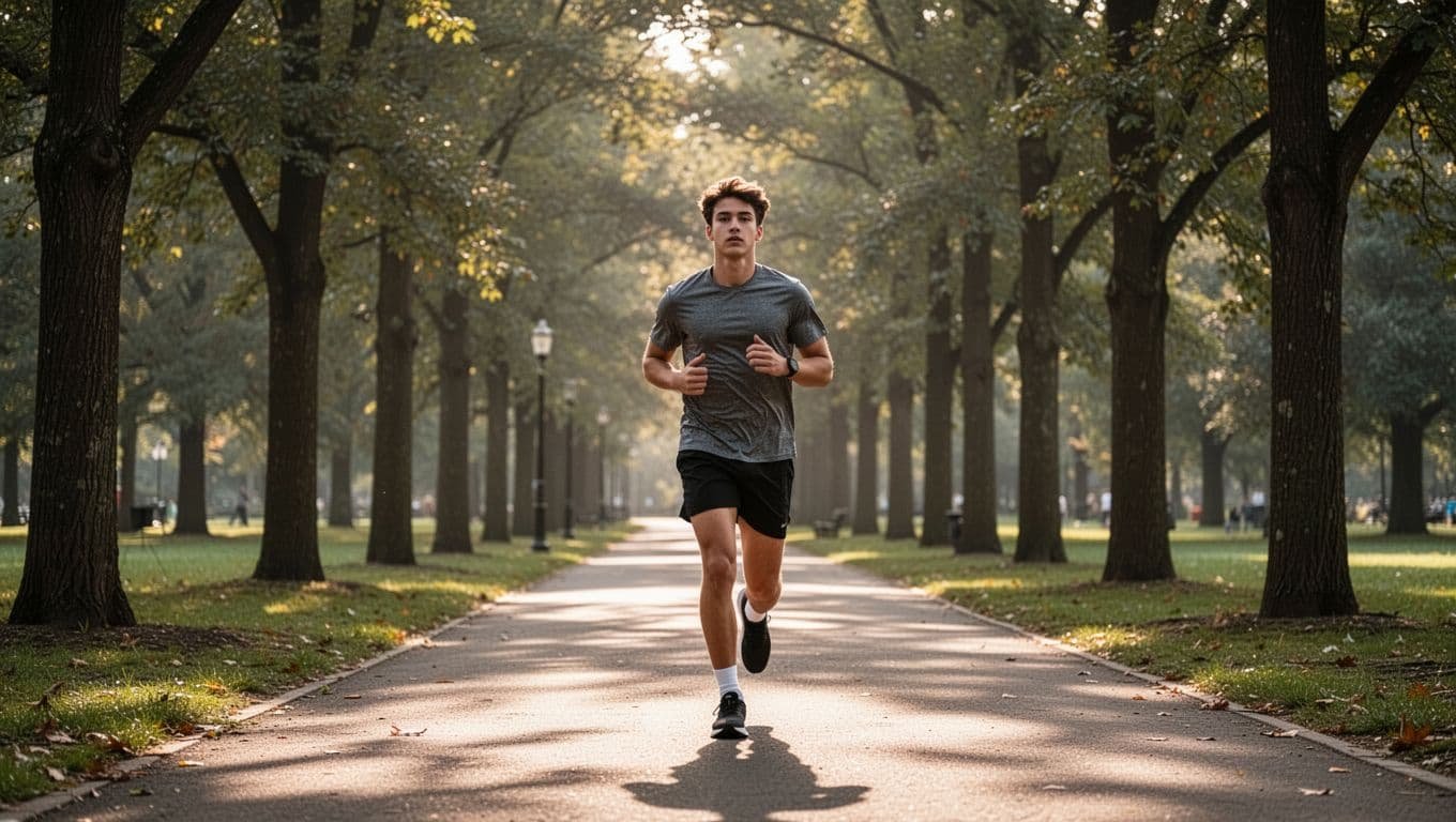 A single young adult jogs with strong, confident posture on a sunny, tree-lined park path bathed in natural morning daylight, captured in realistic photography style with no other people or distractions.