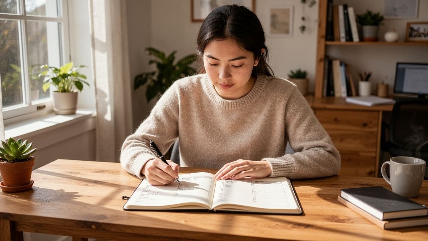 A young adult sits focused at a wooden desk in a bright cozy home office, writing in an open notebook divided into 'says' and 'does' columns, illuminated by natural daylight from a window.