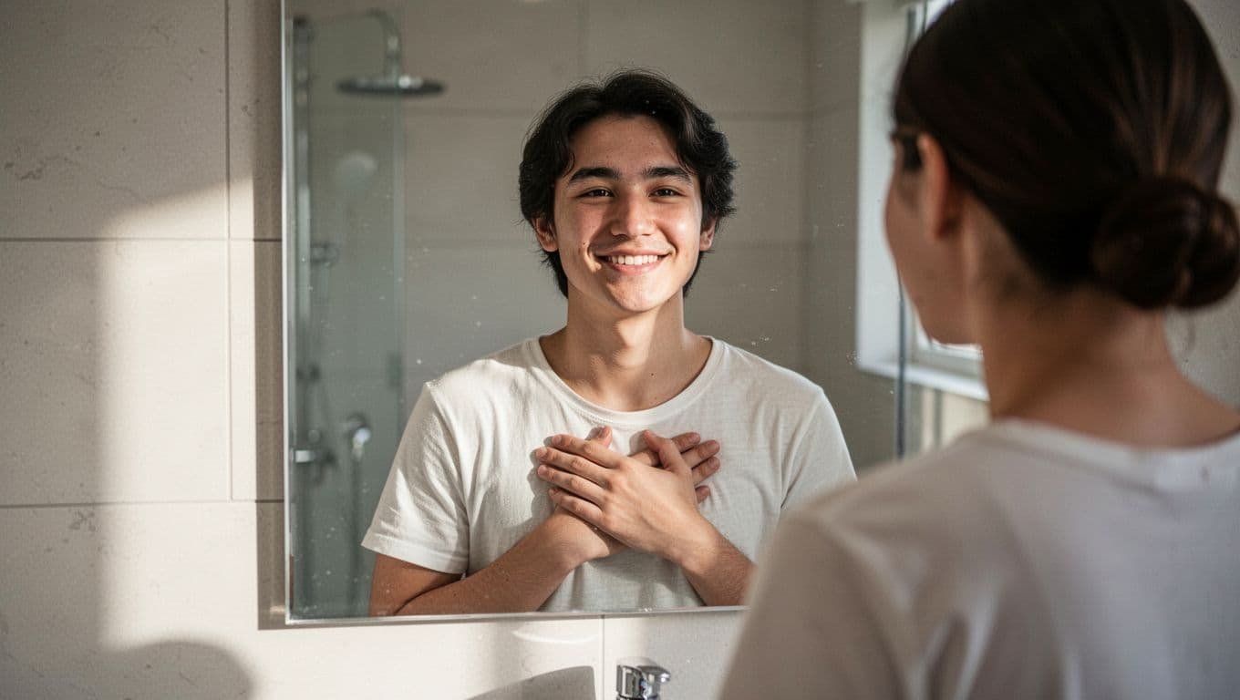 A young adult stands before a bathroom mirror with a gentle smile, hand softly on heart, expressing positive self-reflection, kindness, and self-acceptance in soft natural lighting.