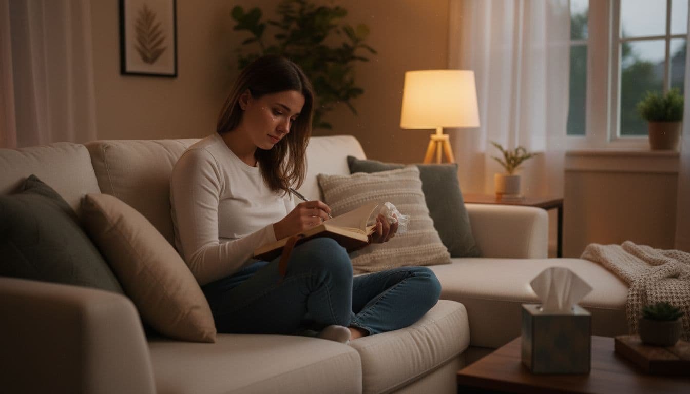 A young adult sits alone on a comfortable couch in a softly lit evening living room, head slightly bowed with subtle tears on cheeks, holding a journal and tissue nearby, conveying compassionate serene quiet grief in realistic photo style.