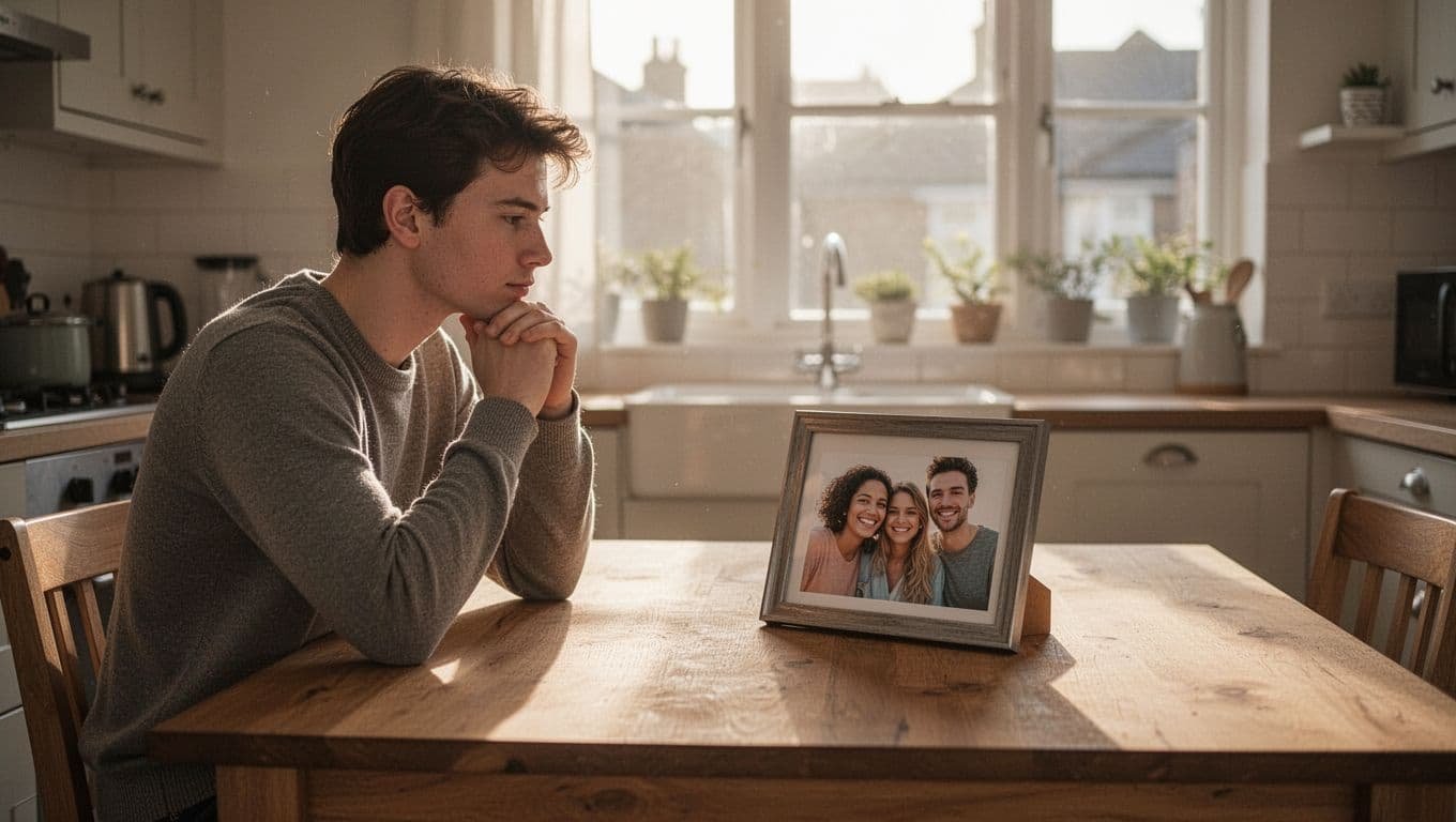A young adult sits thoughtfully at a wooden kitchen table in a sunlit home, gazing at a framed photo of two smiling friends with hand on chin in soft natural morning light.