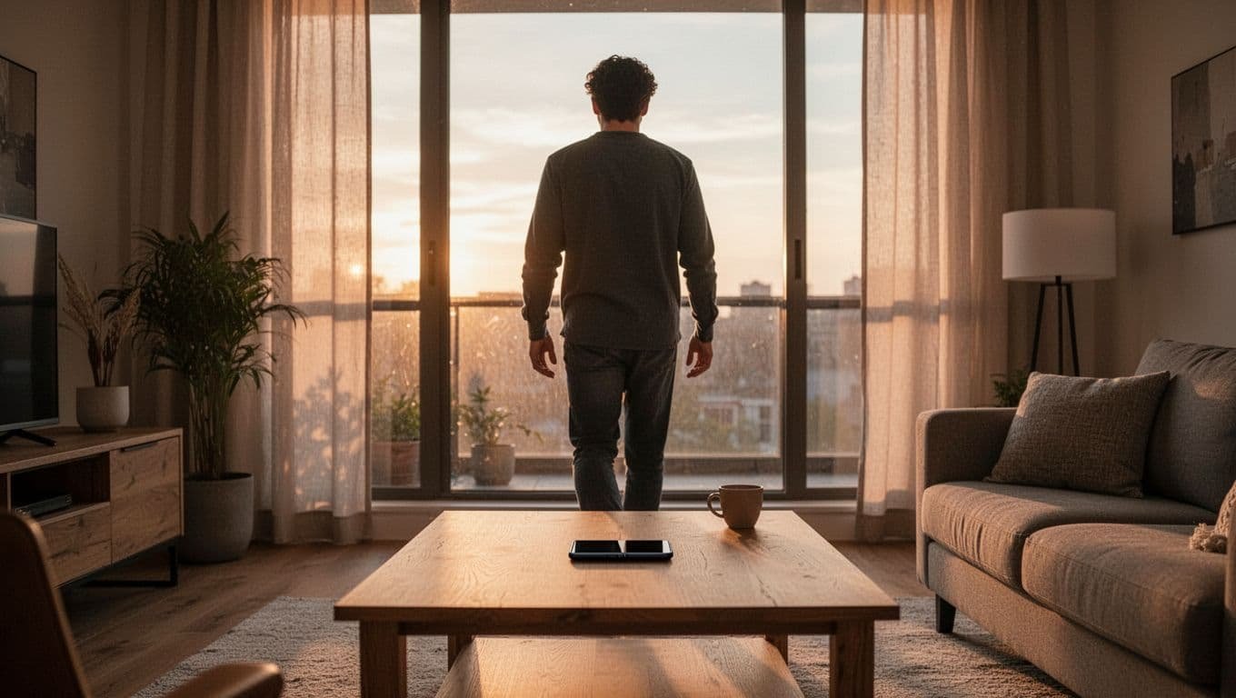 A young adult in a cozy modern living room places a smartphone face down on a wooden coffee table and walks toward a large window with soft evening sunlight, posture showing relief and determination.