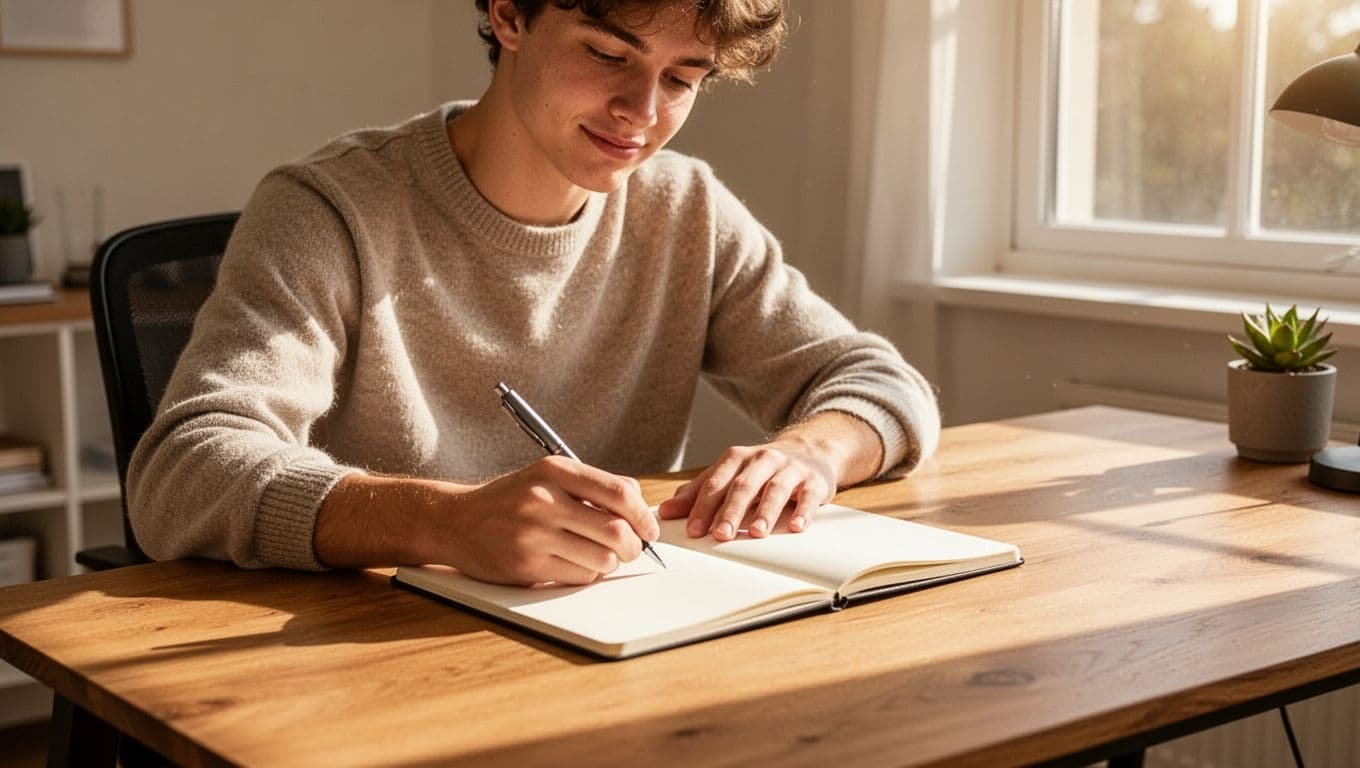 A young adult sits focused at a wooden desk in a bright home office, writing a list of personal dating standards like consistent communication and mutual effort in an open notebook, with relaxed confident posture and natural daylight.