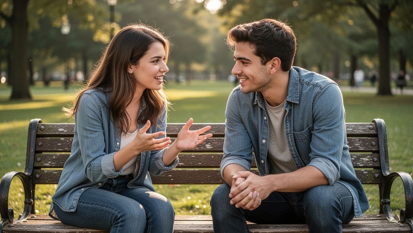 A young couple in their mid-20s sits face-to-face on a park bench in soft afternoon sunlight, with the woman gesturing animatedly as she shares a story and the man leaning forward attentively with eye contact and a warm expression.