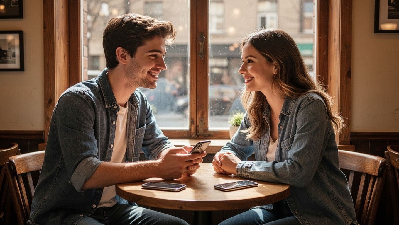 A young couple in their mid-20s sits at a cozy cafe table, exchanging happy glances and smiles after texting on their phones placed on the table, bathed in warm natural window light, realistic photograph.