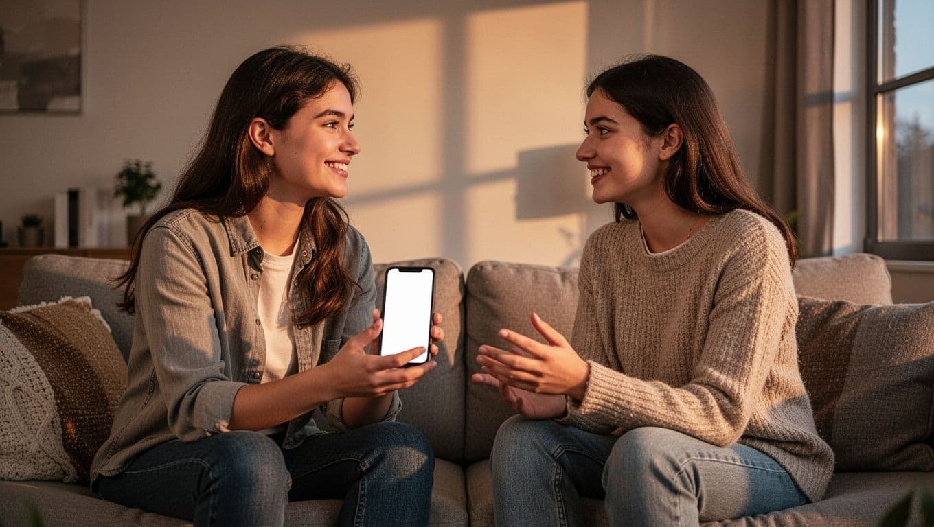 A young happy couple in their mid-20s sits face-to-face on a cozy couch in a modern living room, engaged in sincere conversation about exclusivity with relaxed smiles; woman holds phone showing deleted dating app screen.