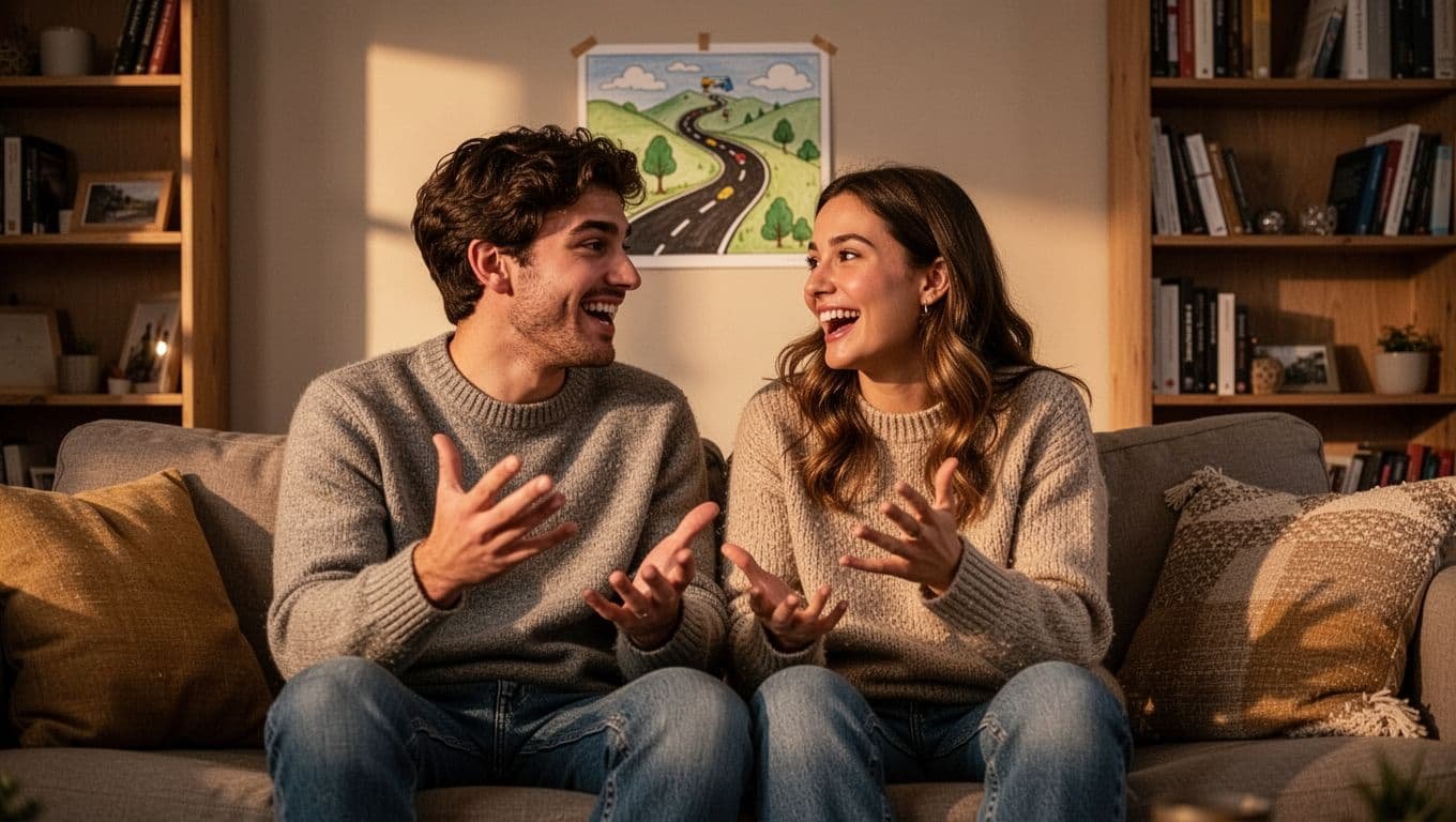 A happy young couple in their mid-20s sits close together on a cozy living room couch, chatting excitedly with smiles and gestures about long-term plans. A wall calendar or road trip map is pinned nearby in warm natural evening light from the window.