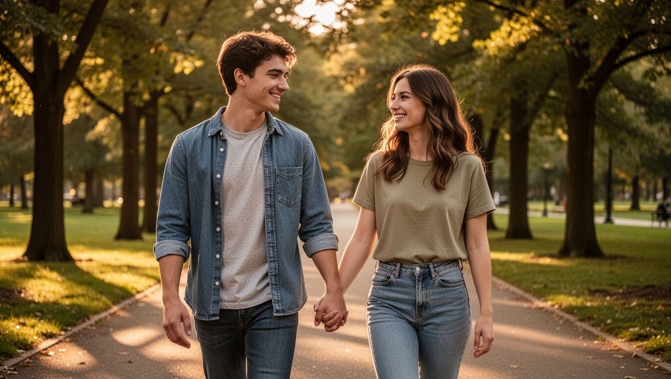 Young couple in casual clothes walking hand-in-hand in a peaceful park during golden hour, with relaxed expressions and natural body language showing trust and security.
