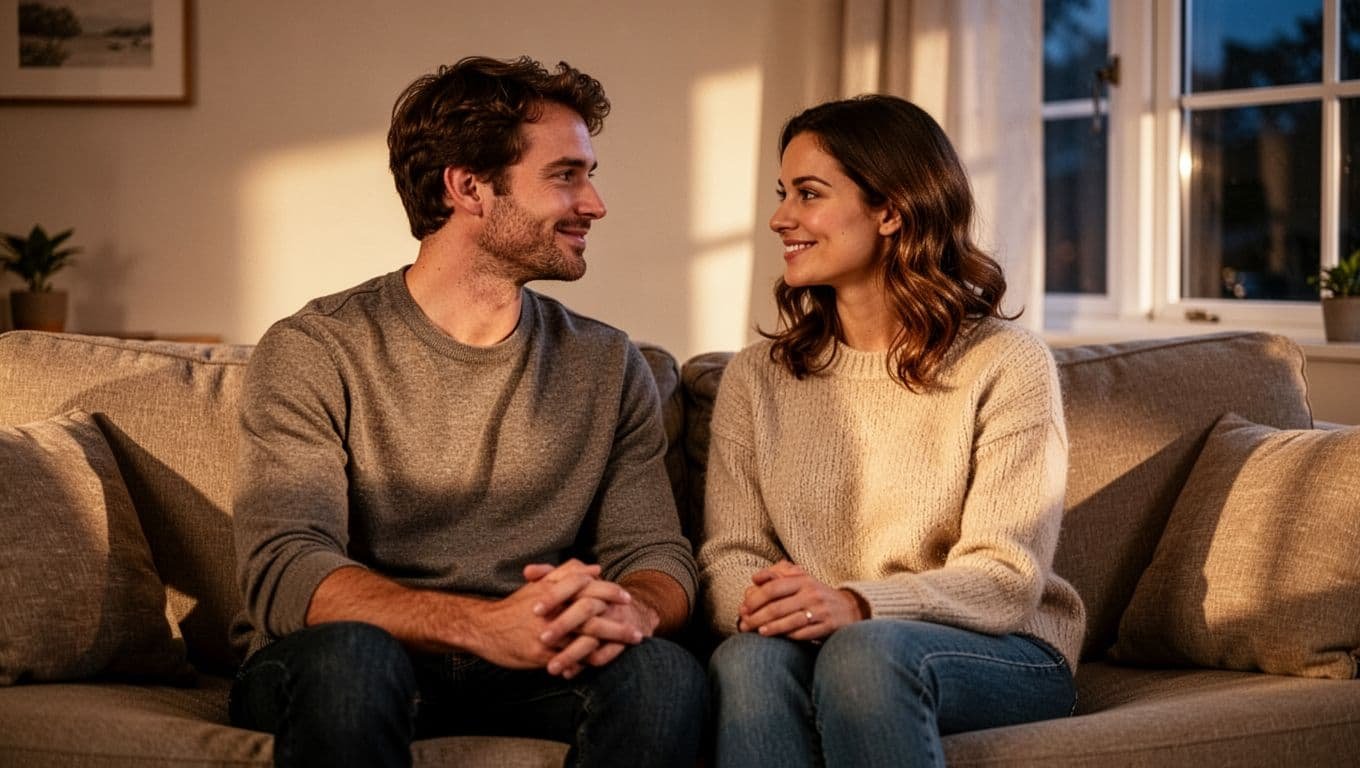 A couple in their late 20s sits closely on a cozy couch in a warmly lit living room at evening, facing each other in calm open conversation with relaxed postures, gentle smiles, eye contact, and natural hand positions.