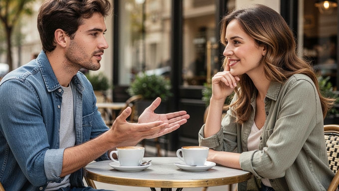 Mid-20s couple sitting at a small cafe table outdoors, one person with open palm gesture explaining a boundary calmly, the other nodding attentively with understanding smile, coffee cups on table, soft natural daylight, realistic photograph, exactly two people.