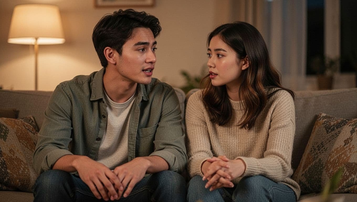 A young couple in their mid-20s sits close together on a cozy couch in a warm living room at evening, the man sharing real feelings with a gentle vulnerable expression while the woman listens supportively with empathy.