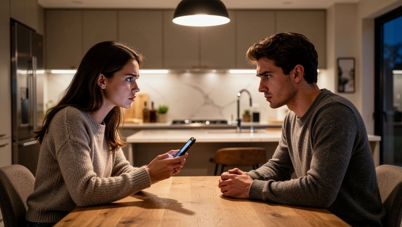 Serious young couple in their 20s sitting face-to-face at a dining table in a modern home kitchen during evening, woman showing smartphone screen to man who looks remorseful, tense but calm discussion, warm overhead lighting, realistic photo style, exactly two people, no extra people or devices, no text.