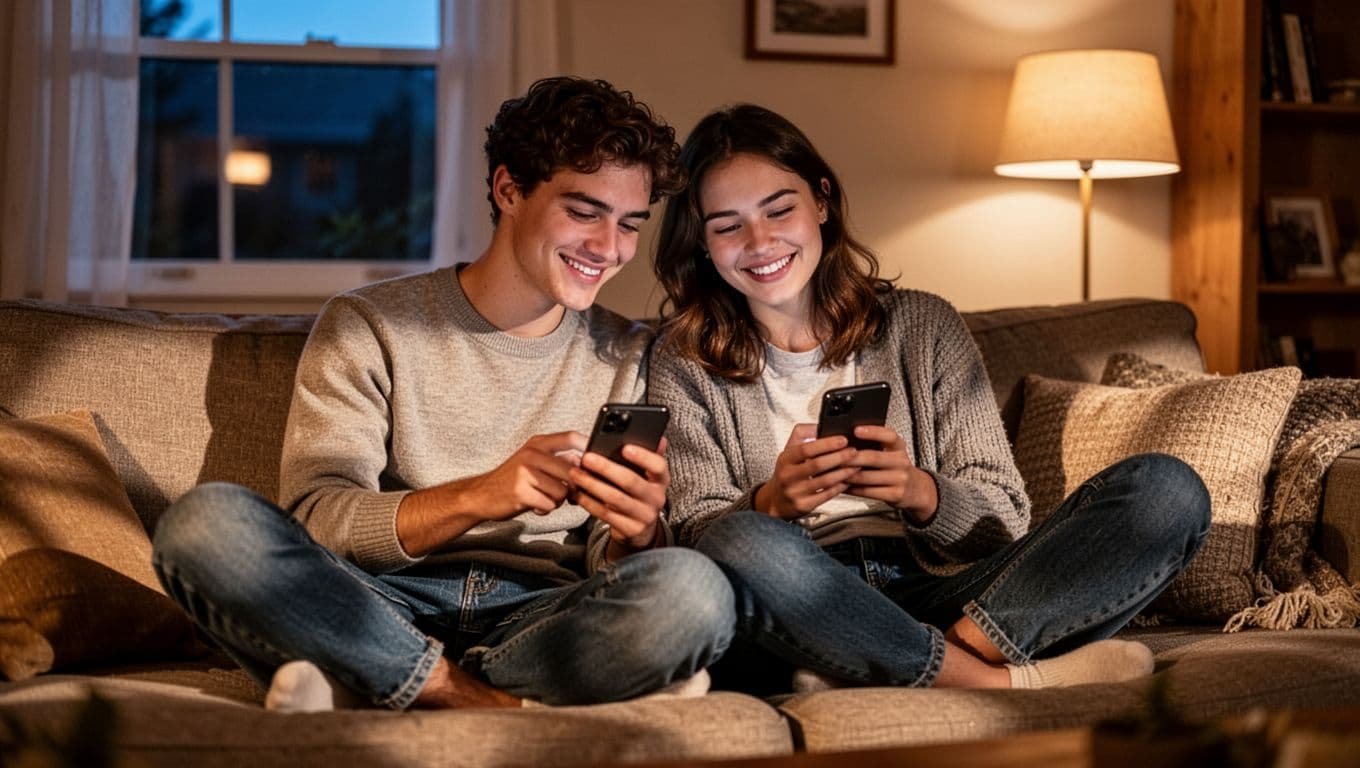 A young couple in their mid-20s sits closely on a cozy couch in a warmly lit living room, both smiling at their phones as if texting each other with relaxed body language.