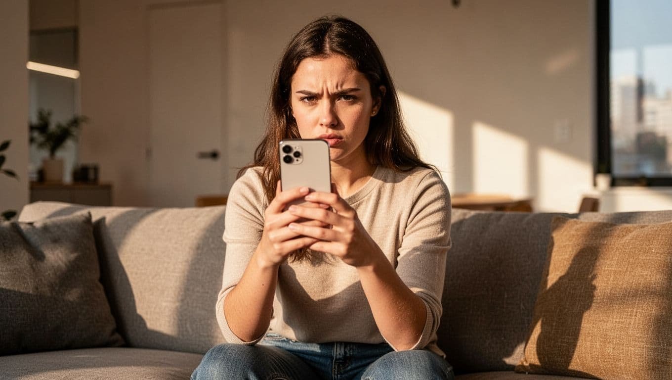 A young woman with a determined, focused expression sits on a couch in a modern living room, holding a smartphone angled to show her blocking a contact, illuminated by warm afternoon light from a window.