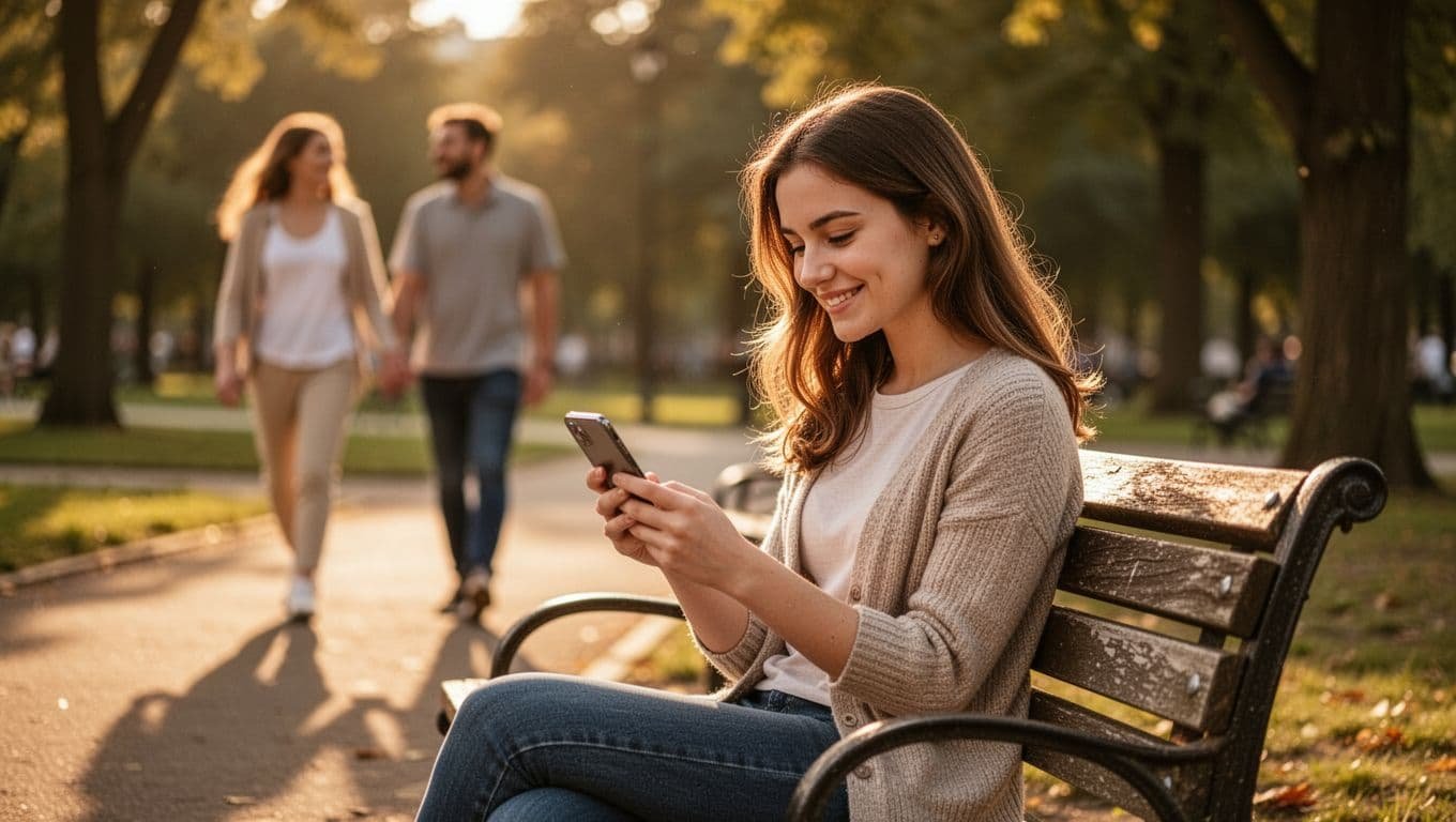 A young woman sits alone on a sunny park bench, gazing dreamily at her phone with a soft smile, imagining a blurred happy couple walking hand-in-hand in the golden hour light.