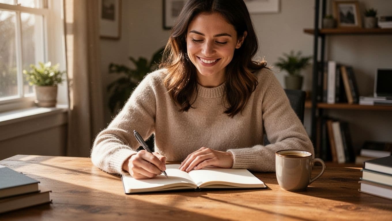 A young woman in her early 30s sits at a wooden desk journaling in a notebook with a pen, wearing a satisfied calm smile as she looks at the page. Soft morning light streams through the window into the cozy home office, with a coffee mug nearby, capturing the essence of tracking emotional progress.