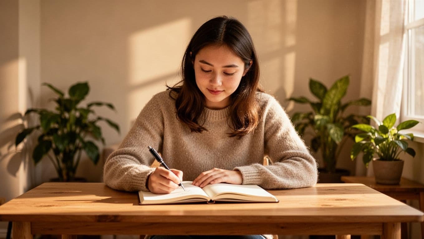 A young woman in her mid-20s sits at a simple wooden desk in a cozy sunlit room with plants, writing thoughtfully in an open journal with a calm, reflective expression.