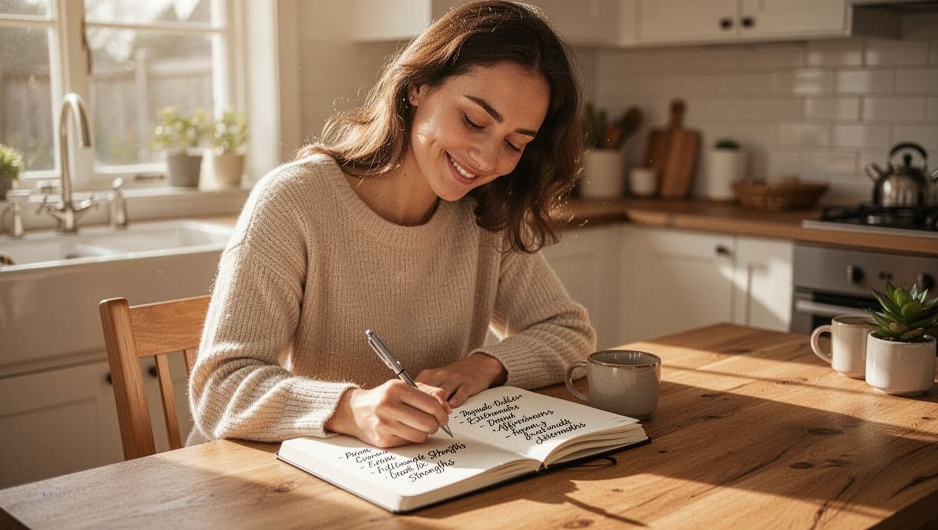 A young woman in her mid-20s at a cozy wooden desk in a bright sunlit kitchen, writing daily affirmations and personal strengths in an open journal with a confident gentle smile and relaxed posture.