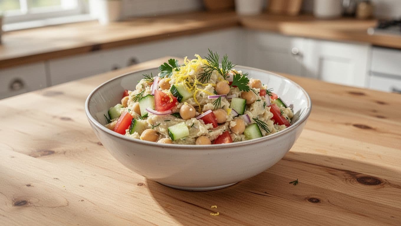 Portable container of zesty chickpea mash salad featuring mashed chickpeas with lemon zest, cucumber, tomato, red onion, and fresh herbs like parsley and dill, lightly dressed in a focused bowl on a wooden table in a bright kitchen.