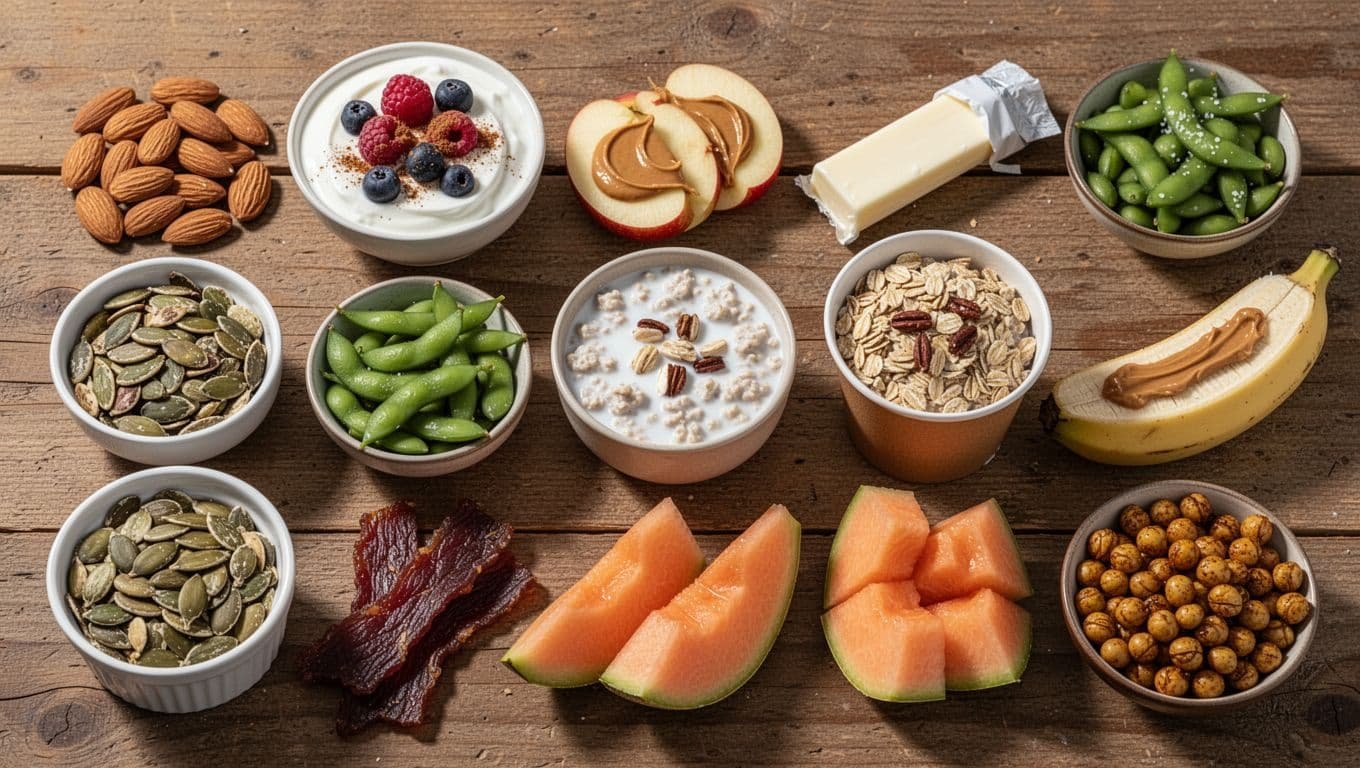 Close-up assortment of 11 healthy snacks in grid on rustic wooden table.