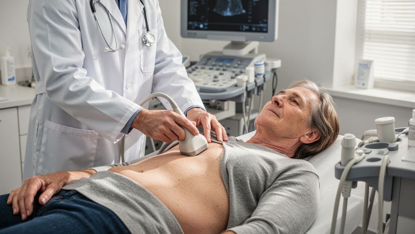 Doctor in white coat holds ultrasound probe with both hands on middle-aged patient's upper abdomen in bright clinic exam room.