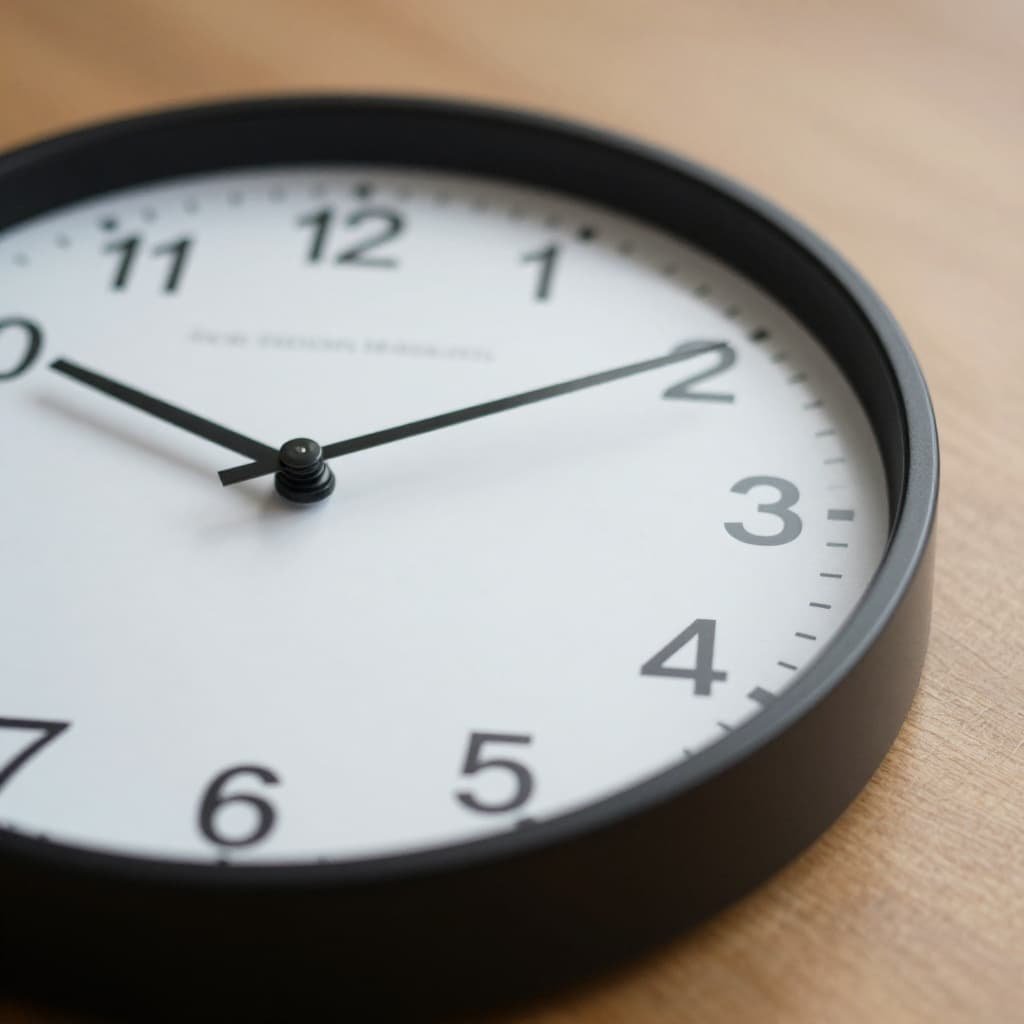 A close-up of a minimalist analog clock resting on a simple wooden surface under soft morning light.
