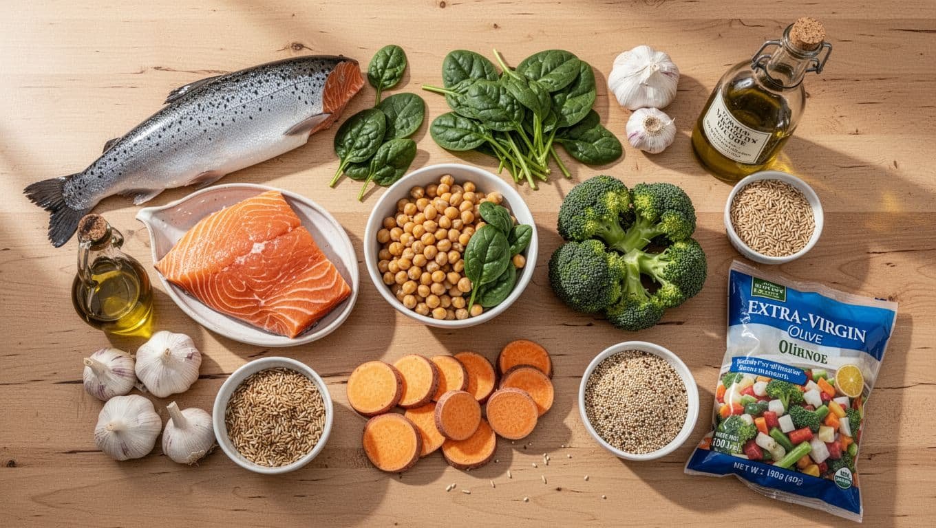 Wild salmon fillet, chickpeas, spinach, broccoli, sweet potatoes, garlic, olive oil, brown rice, quinoa, and frozen vegetables on wooden table.
