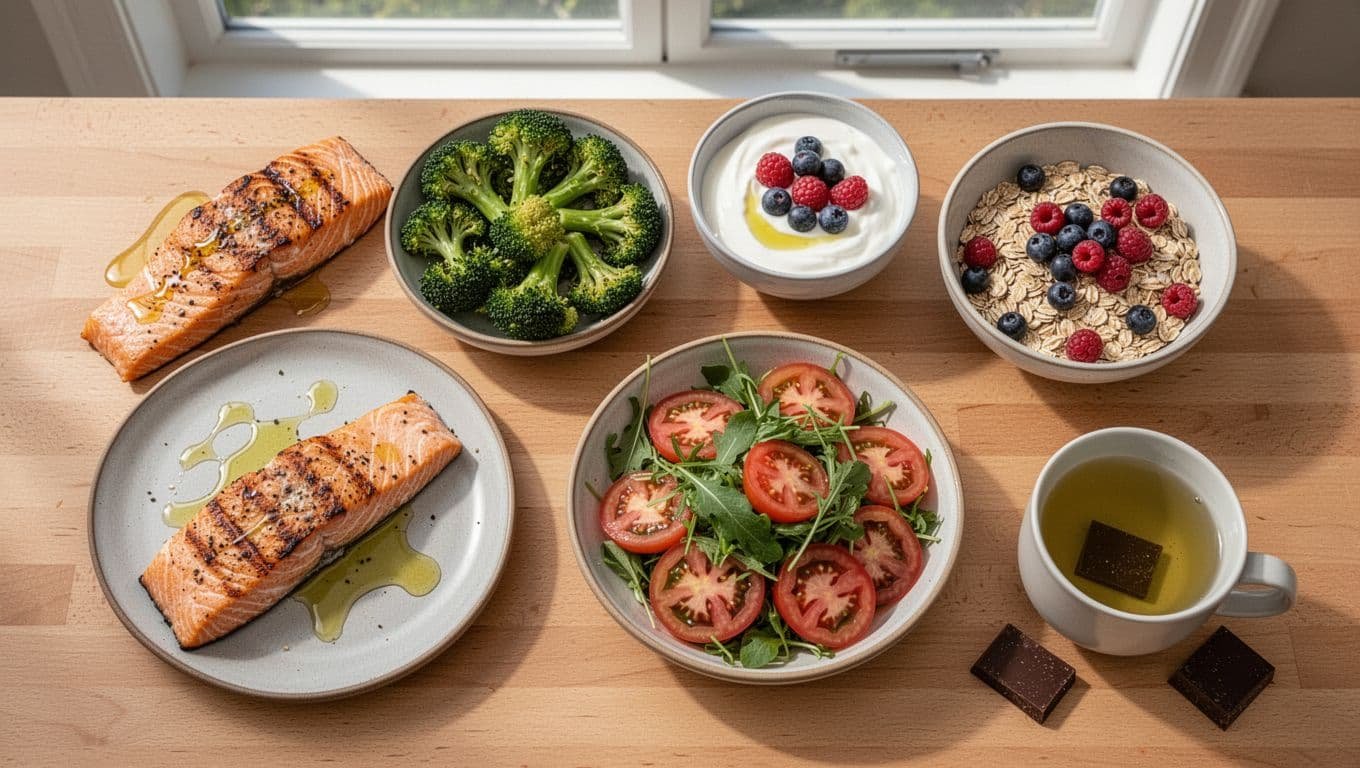 Top view on wooden table of grilled salmon with broccoli, berry yogurt, tomato salad, berry oats, green tea, and dark chocolate.