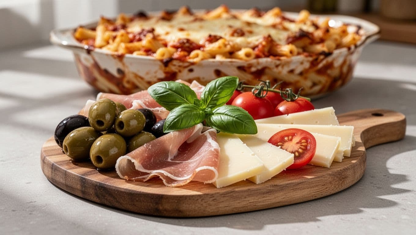 Antipasto platter on wooden board holds olives, prosciutto, cheese slices, tomatoes, and basil; blurred baked ziti dish in background.